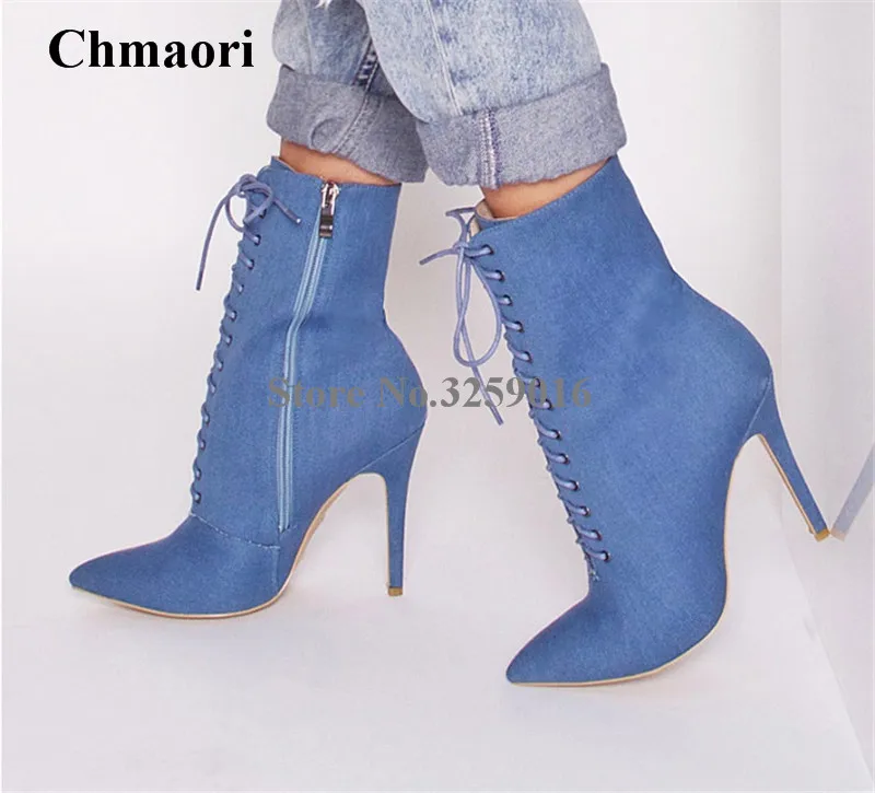 

New Arrival Women Spring Fashion Pointed Toe Blue Denim Short Gladiator Boots Lace-up High Heel Jean Ankle Booties Street Shoes