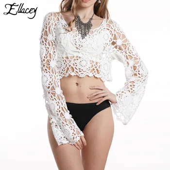 

Ellacey 2019 Summer Seaside Vacation Bikini Smock Beach Blouse Hand Crochet Hollow Out Knit Halter Crop Top Sexy Flower Shirt