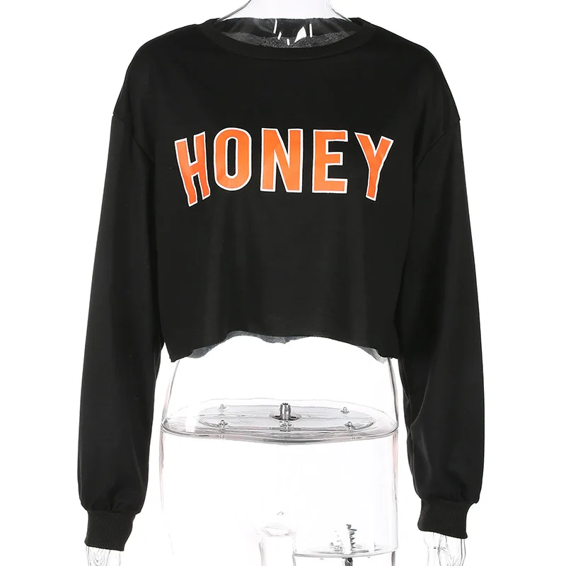  2017 Chic Sexy Fashion lady Casual Print Honey Long Sleeve Baggy Hoodie Streetwear Crop Top