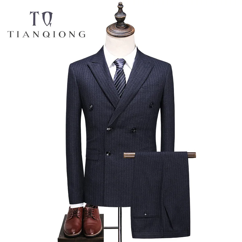 

TIAN QIONG Gray Stripe Wool Suit Double-breasted Men Slim Fit Business Formal Suits for Wedding 2017 Brand Tailor Made Suits