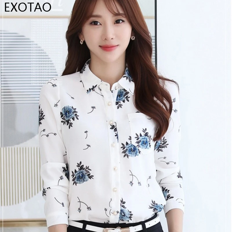 EXOTAO Solid Printing Chiffon Camisas Mujer New Korean Style Women's Professional Shirt S-XXL Slim Long-sleeved OL Blouse |