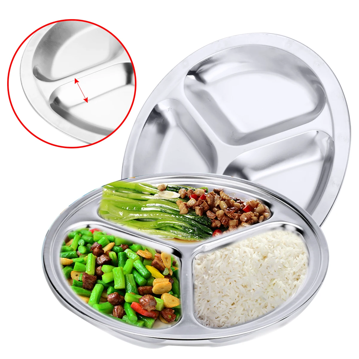 

1pc Stainless Steel Dinner Plate 3 Sections Divided Dish 22 / 24 / 26cm Round Snack Dinner Silver Plates