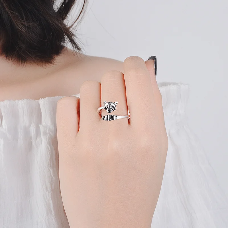 Модное креативное серебряное женское кольцо симпатичное животное с енотом, кольца для женщин, вечерние, регулируемые ювелирные изделия