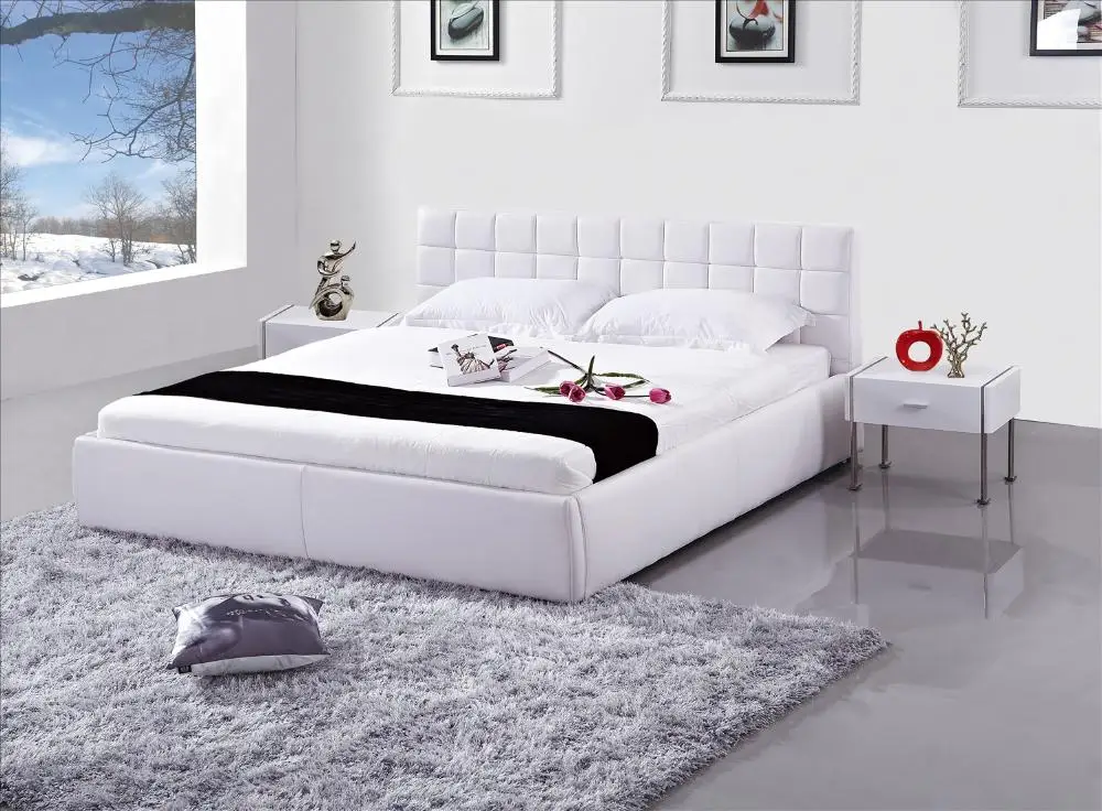Modern Genuine Leather Bed Set Clic White Smart Style Modern Genuine Leather Bed Set Clic White Smart Style Soft B66