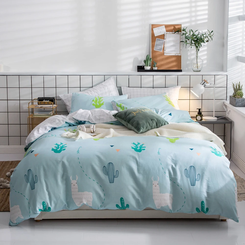 

2018 Light Blue Cactus Bedlinens 3/4Pc Cotton Duvet Cover Set Twin Queen King Flat or Fitted Sheet Bed Covers Pillowcases