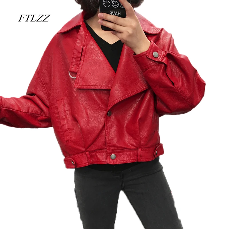 

FTLZZ Faux Leather Jacket Women Vintage Loose Street Biker Coat Single Breasted Motorcycle Leather Jackets Female Short Outwear