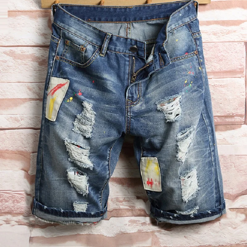Men's new cotton thin denim shorts patchwork ripped summer male Casual