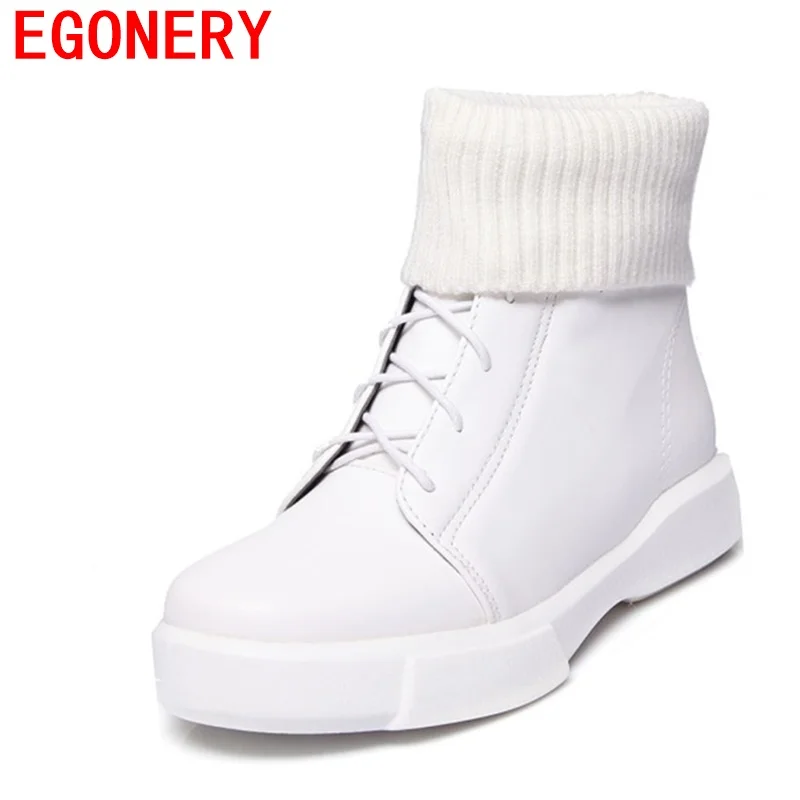 

EGONERY Handmade concise Lady's booties winter autumn Comfortable Non-slip woman Flat shoes fashion big size Lace-Up ankle boots