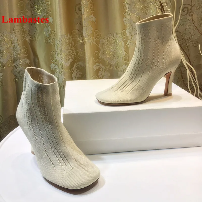 

Autumn Winter Women Ankle High Boots Square Toe Slip On Thin Heel Stretch Women Boots Solid Rome Socks Shoes Botas Femeninas