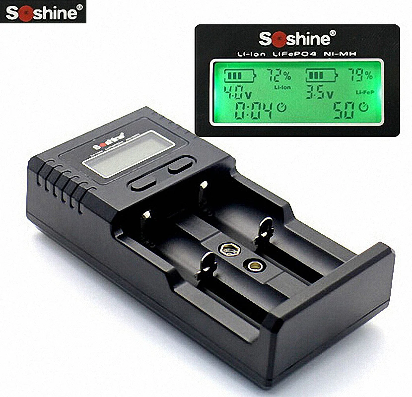 

Soshine H2 18650 Battery Charger LCD Display Wall charger for Automobile with Car Charger for 26650 Li-ion Battery Digcharger