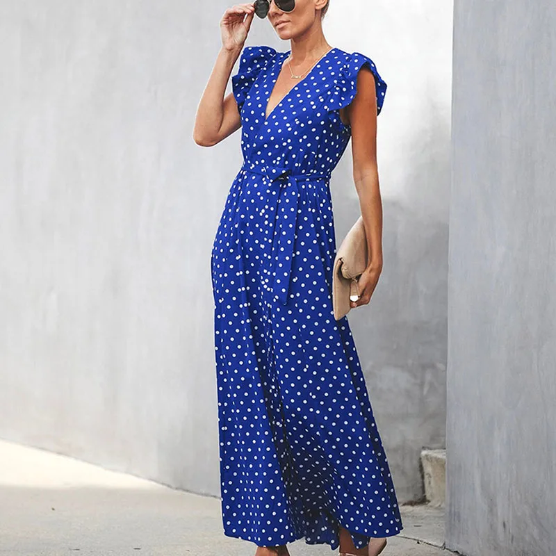 

Summer Holiday Fashion Printed Lotus Edge Sleeve Belt Women Clothing V-Neck Party Long Dress