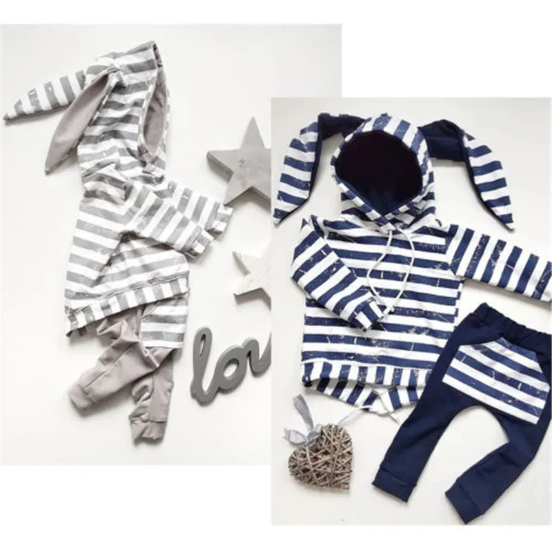 

CANIS Autumn Baby Boy Girl Cartoon Rabbit Long Ear Stripe Sweatshirt Sweatsuit Hooded Tops+Pants Leggings Clothes Outfit Set New