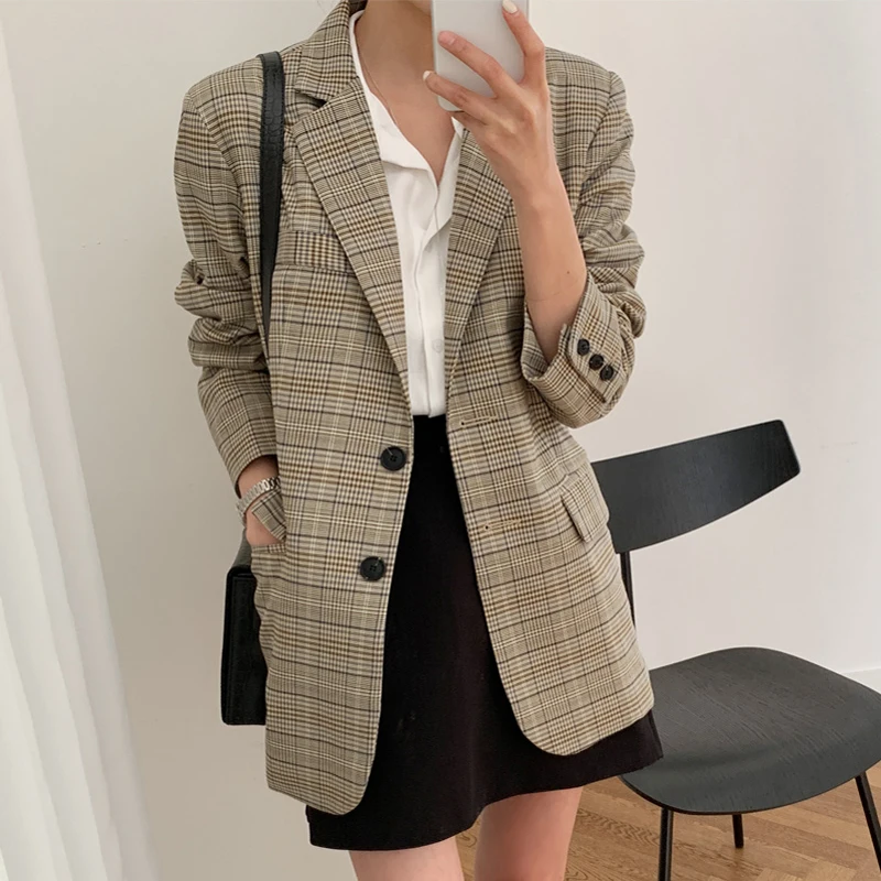 

Women's suit jacket new autumn Korean version of the loose straight casual suit plaid lady elegant jacket 2019