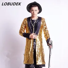 Певица танцор Золотой длинная куртка пальто Блейзер пиджаки мужской одежды Производительность блесток выпускного вечера вечерние шоу-Бар ночной клуб