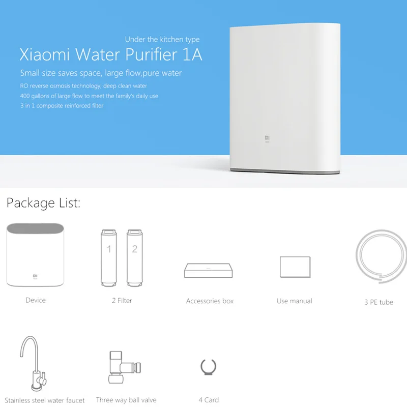 Original Xiaomi Mi Water Purifier 1A with Faucet Support WiFi Connect Smart Mi Home APP RO Reverse Osmosis Filter for Household