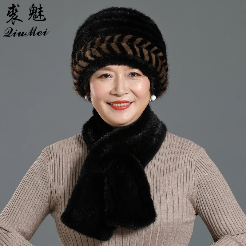 2 шт. шапка Муфельная женская зимняя натуральная норковая меховая шапка набор шарфов Вязанная женская теплая норковая меховая шапка наборы