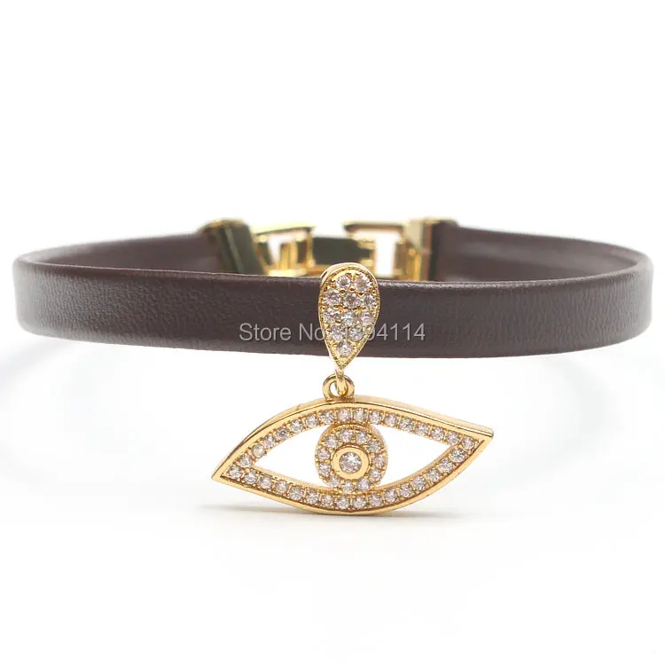 Micro Pave Clear CZ Evil Eye Шарм с бахромой 8*1 мм кожаный шнур сложить застежка браслет ювелирные изделия около 8 дюймов