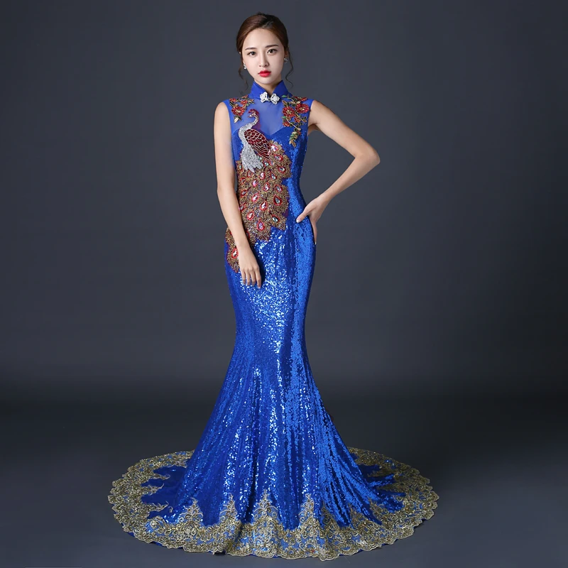 Royal Blue Evening Dress Chinese Dresses Traditional Embroidery