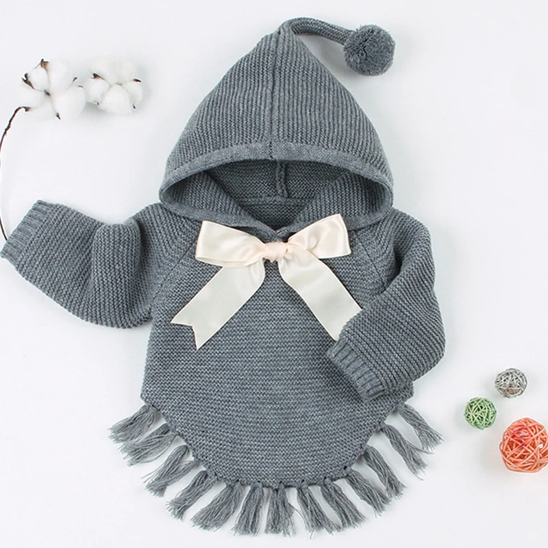 Осенний модный свитер-накидка для маленьких девочек, Детский милый вязаный свитер с капюшоном, одежда для детей
