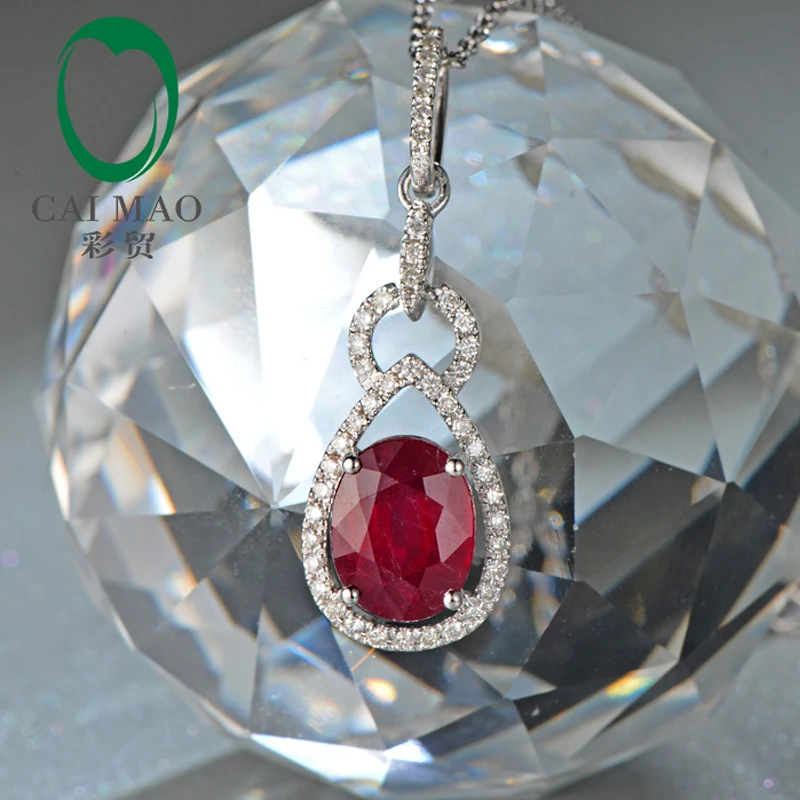 

2.75ct 7x9mm Oval Red Blood Ruby Natural Diamond 14k White Gold Engagment Pendant free shipping