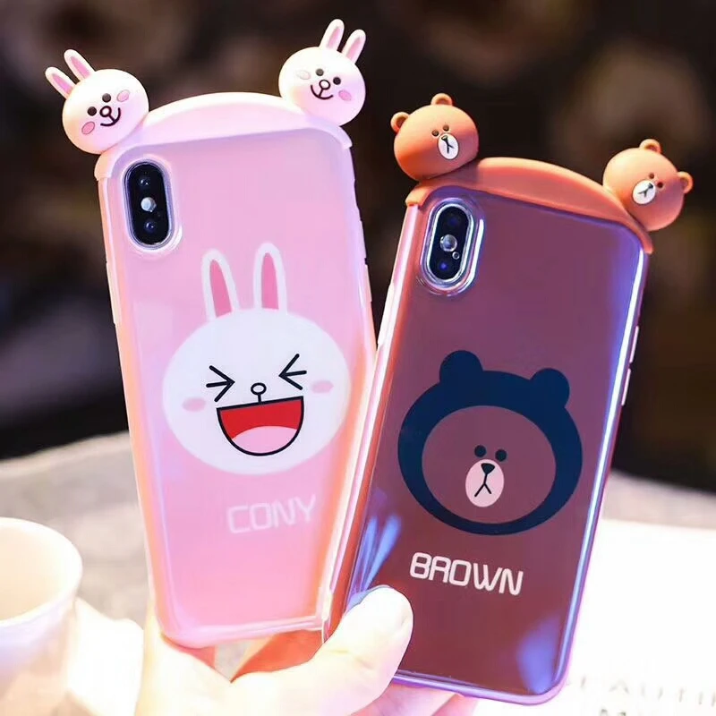 Blu-ray Brown Bear Cony Rabbit Case for iPhone X XS Max XR Removable Double-Headed Doll Soft Cover For 8 7 6s 6 Plus |