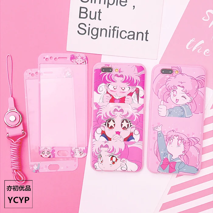 

For iphone 7plus Sailor Moon Case +Tempered Glass Screen film for iphone X 8 8plus 6 6S plus Pink cover+ Strap +Metal Gift box