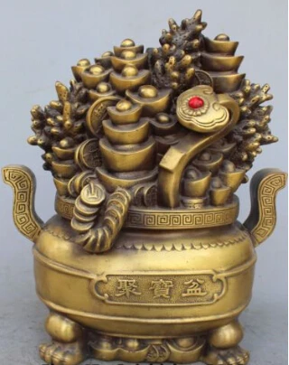 

JP S0224 12" China Chinese Bronze Feng Shui Folk Ru Yi 3 Foot Wealth Money Treasure Bowl
