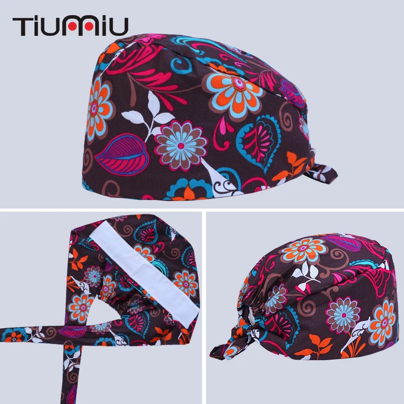 

Purple Floral Printed Cotton Scrub Caps Gourd Hat Clinic Hospital Dental Surgical Caps Laboratory Pharmacy Workwear Medical Caps