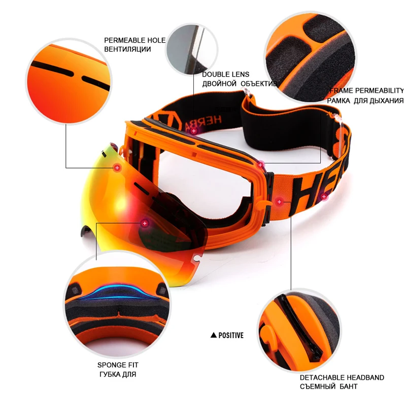 New HERBA brand ski goggles Double Lens UV400 Anti-fog Adult Snowboard Skiing Glasses Women Men Snow Eyewear