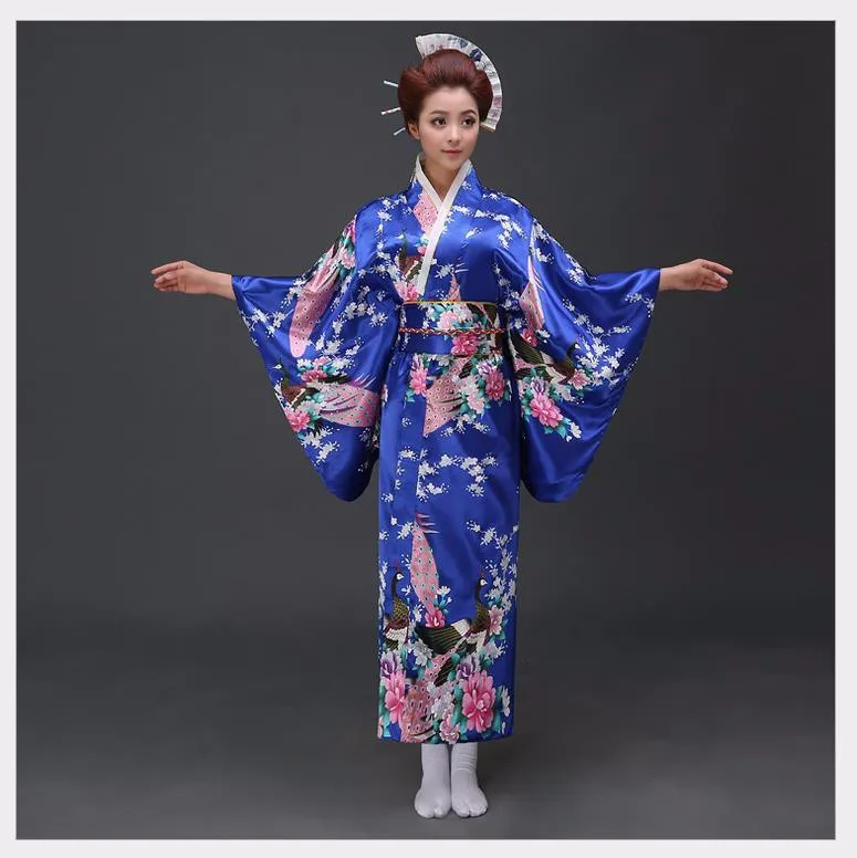 Винтажные Вечерние платья женские сексуальные атласные кимоно юката с Obi танцевальное платье для выступлений японский косплей костюм один размер - Цвет: Синий