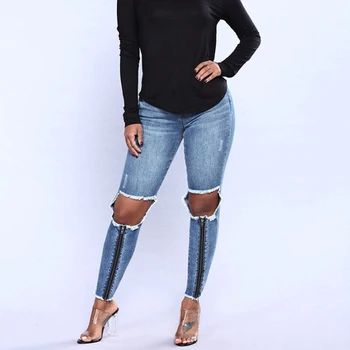 2018 ripped hole high street sexy Jeans Women High Waist Skinny Pencil Blue Denim Pants knee Zipper Elastic Stretch Jeans women ripped hole fashion jeans women high waist skinny pencil denim pants elastic stretch embroidery sexy jeans women high street