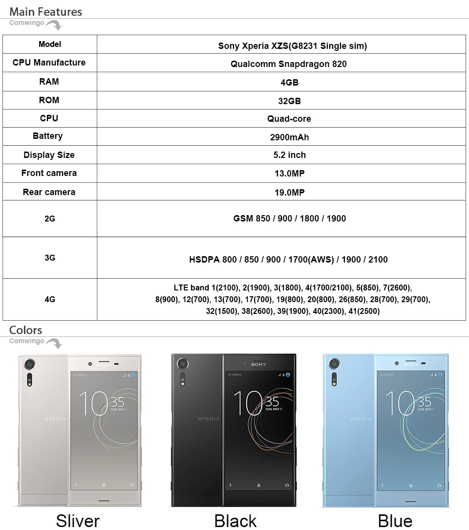 Мобильный телефон sony Xperia XZs G8231, 4 Гб ОЗУ, 32 Гб ПЗУ, четыре ядра, 19 МП, одна sim-карта Snapdragon 820, 5,2 дюйма, 2900 мАч, LTE