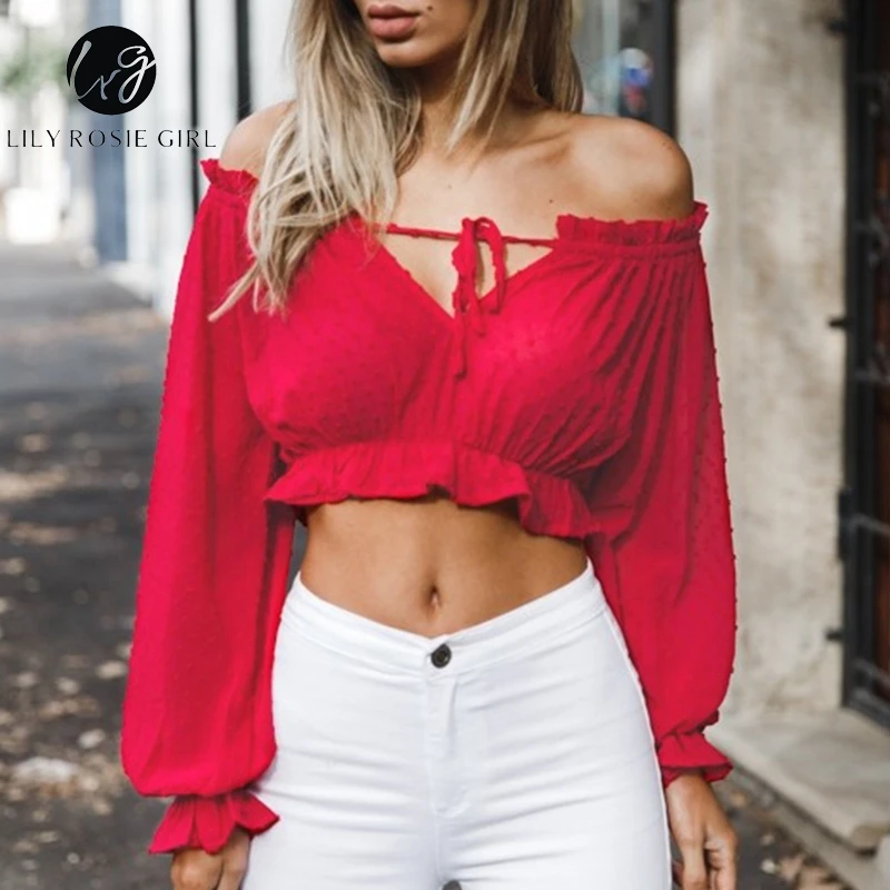Lily Rosie Girl Off Shoulder White Women Blouse Shirt Solid Long Sleeve Short Blouse High Street See Through Club Sexy Crop Top