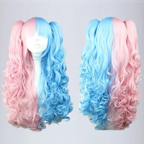 

MCOSER High Quality Synthetic Pink Blue Mixed 70cm Long Wave Braided Lolita Two Tone Lace Front Wig