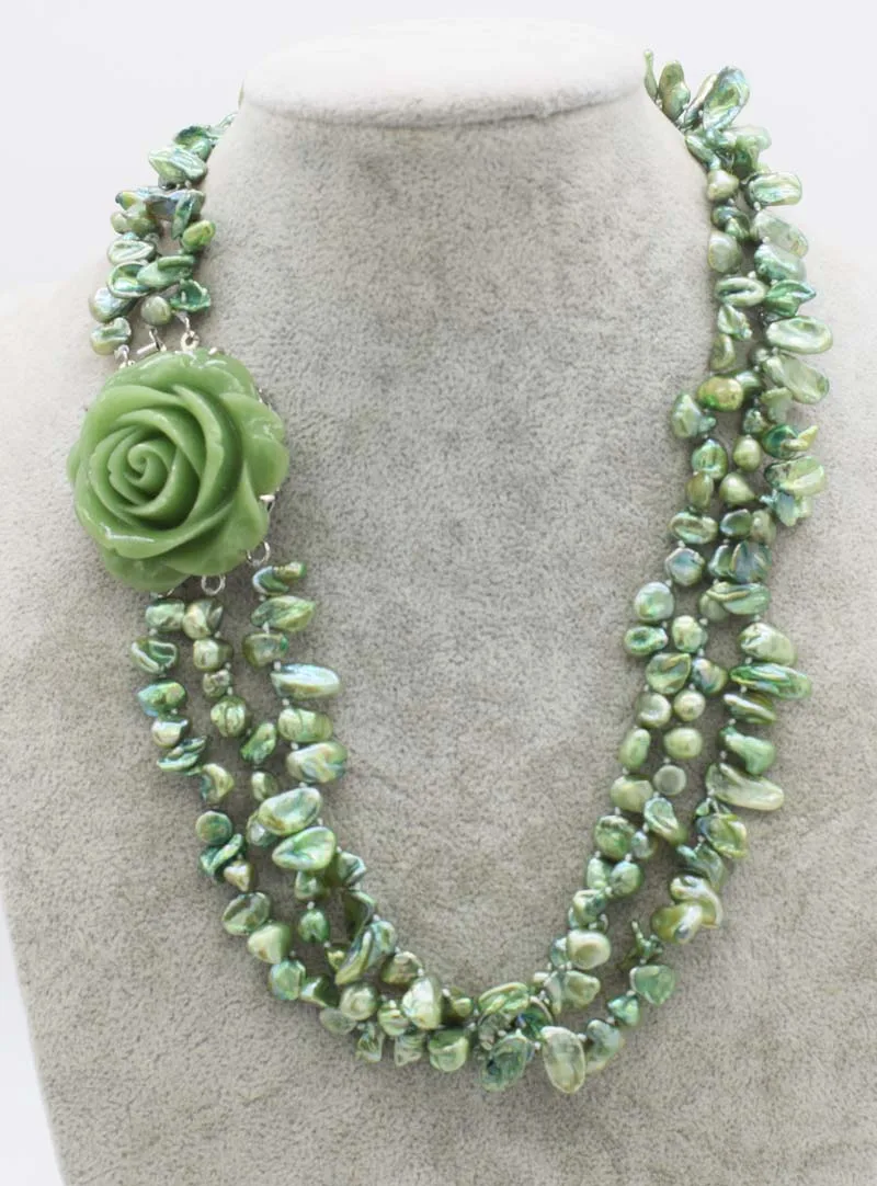 3 ряда зеленый пресноводный жемчуг барокко reborn Кеши ожерелье 18 дюймов FPPJ оптовая продажа бусы природа