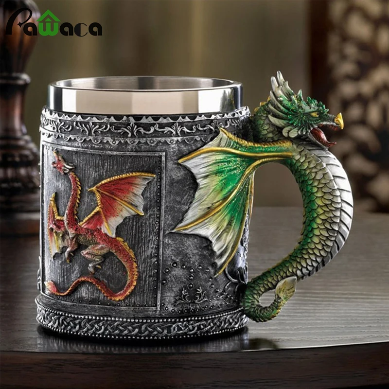 

3D Pattern Stainless Steel Mug Dragon Tankard Celtic Knot Work Beer Coffee Tea Cup Mug King Drinking CuP Insert 350ML