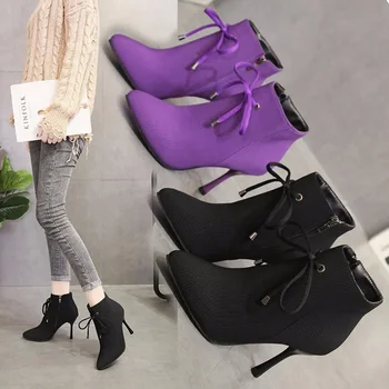 

2019 Autumn & Winter New Vogue High Heels Lady's Boots Bow Side Zipper Stretch Fabric Fashion Purple Pointed Toe Women's Boots