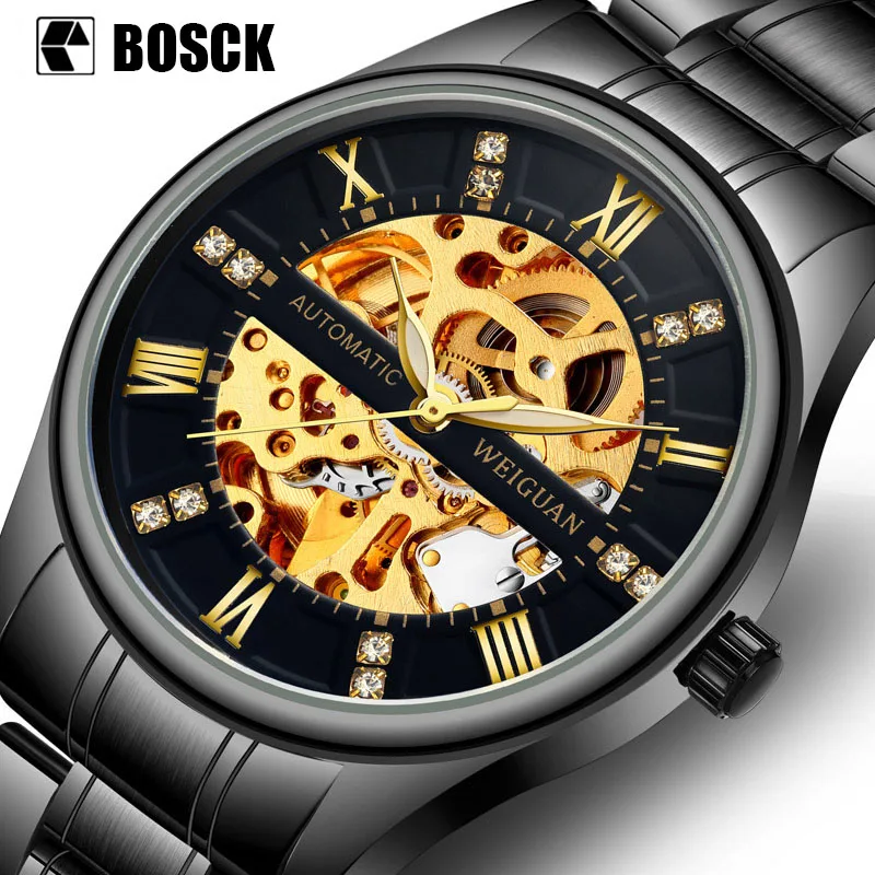 

Men Watch Automatic Mechanical Watches Black Stainless Steel Watch Band Skeleton Male Clock montre homme automatique 6801