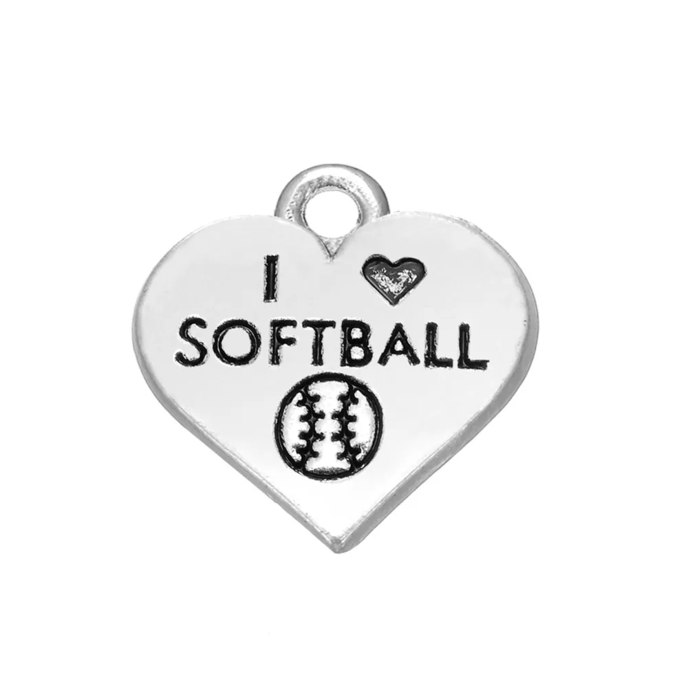 my shape 20pcs Engraved Word I Love Softball On Heart Charms For Meni love softballengravable