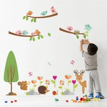 Owl Deer Tree Branch Flower Wall Stickers For Kids Room Nursery Decorations Home Decals Cute Animals Mural Decor Wall Art chic cartoon owl flower tree branch pattern scarf for women