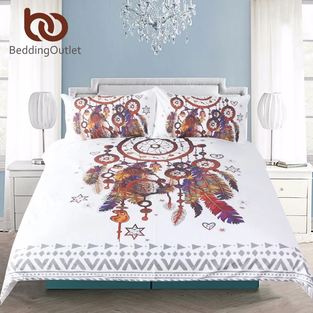 Billige BeddingOutlet Hipster Aquarell Bettwäsche Set Königin Größe Dreamcatcher Federn Bettbezug Böhmischen Gedruckt Bett Abdeckung 3 stücke