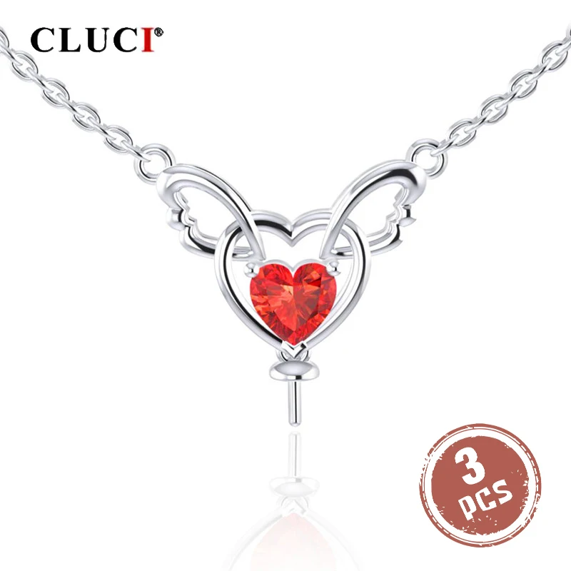 

CLUCI, 3 шт., серебро 925, большое красное сердце, циркон, кулон, ювелирное изделие, серебро 925 пробы, жемчужное крепление, День Святого Валентина, женский подарок SN056SB