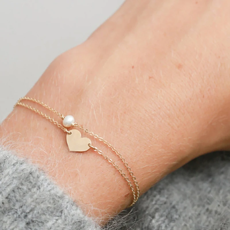 

Mling Charm Heart Bracelets For Women Girls Gold Silver Color Imitation Pearls Bracelets Double Chain Foot Bracelet Jewelry ED5