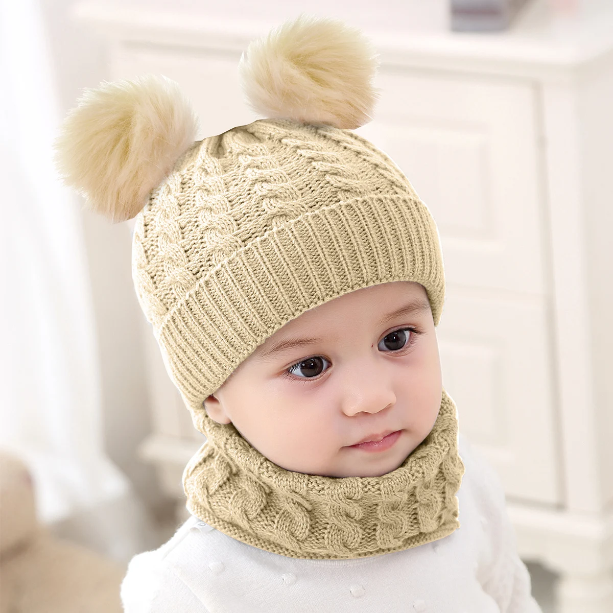 Puseky/зимняя теплая шапка, вязаная шапка с двумя помпонами, шапка для новорожденных мальчиков и девочек, Пушистый головной убор, меховые шапки с помпонами
