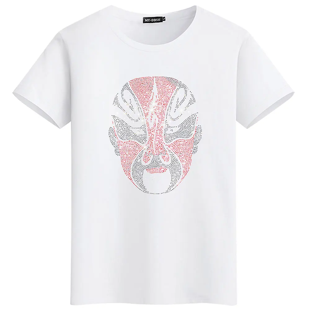 Big size 5XL Mask Unique Man Shinning Diamond Stone T-shirt Short Sleeve high quality Peking Opera Rhinestone Print men t shirts - Цвет: T002-O-White