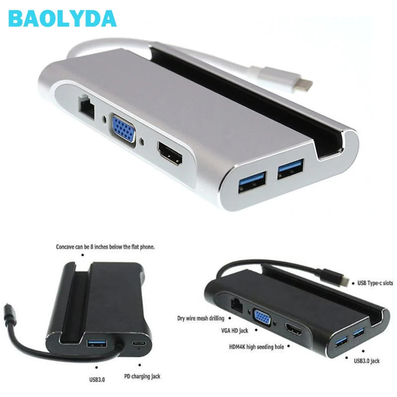 

Baolyda USB C Hub to HDMI Adapter Type C Multiport Dock to 4K HDMI 1000Mbps Ethernet VGA USB 3.0 for MacBook Pro/Disk/Keyboard