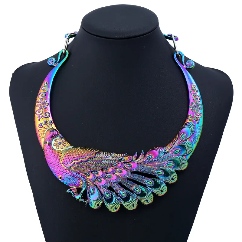 

New Multi Color Carving Peacock Torques Metal Maxi Ethnic Choker Necklace For Women 2018 Fashion Rhinestone Jewelry Accessories