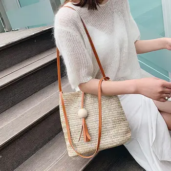 

Women Straw Weave Handbag Wooden Ball Tassel Tote Summer Beach Shoulder Bag