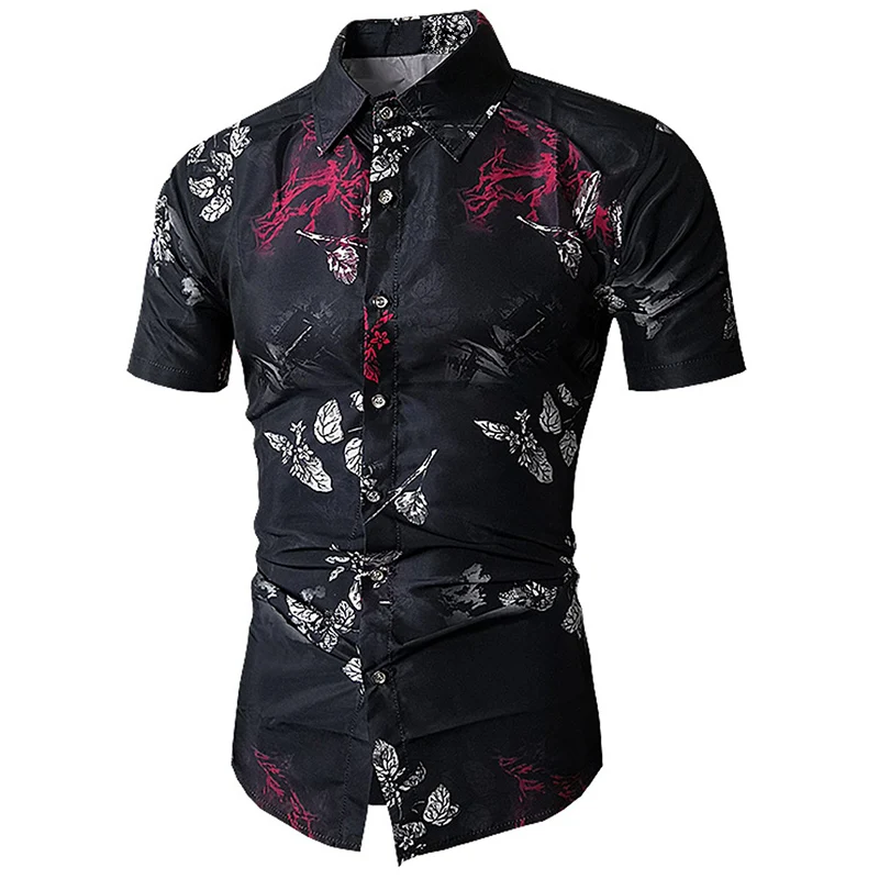 Летняя мужская рубашка с цветочным рисунком, короткий рукав, стоячий воротник, цветочный принт, пляжные повседневные рубашки для