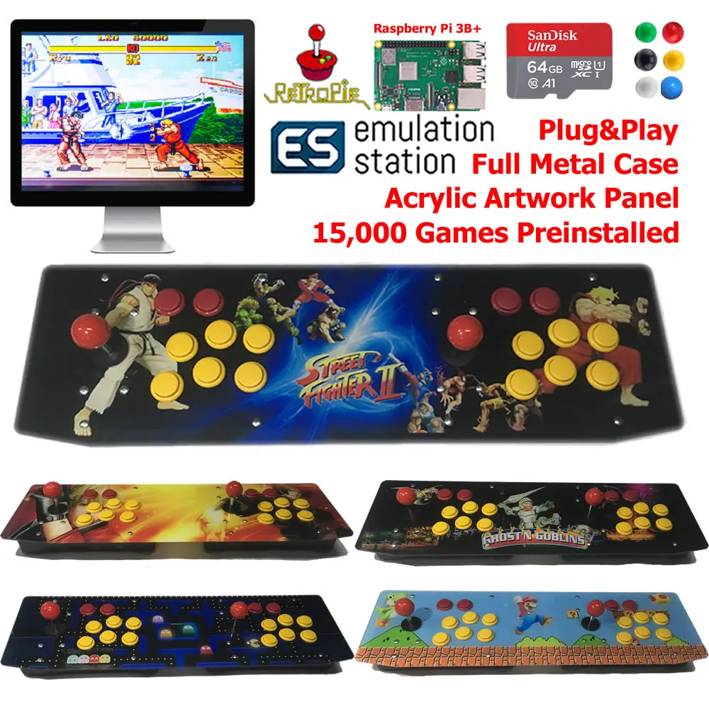 

Two Players TableTop Arcade Retro Game Console Raspberry Pi 3B+ Artwork Panel Metal Case 64G